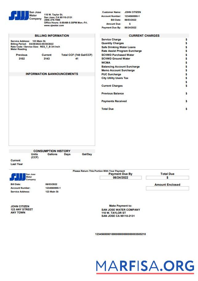 Realistic USA California San Jose Water utility bill template in Word and PDF format
